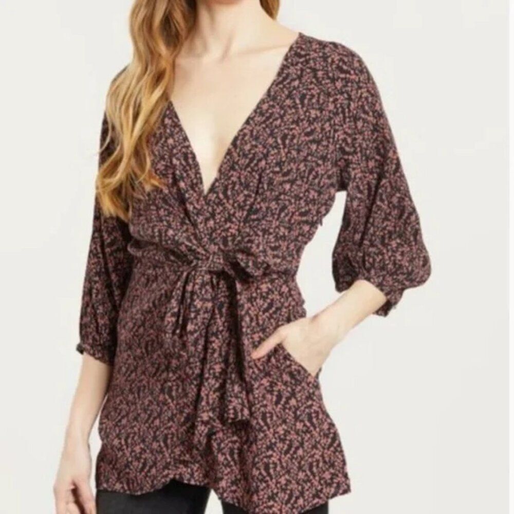 Free People Clara Brown Floral Wrap Tunic Mini Dress Boho Small